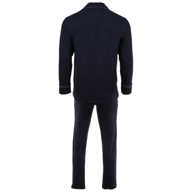 Langer, einfarbiger Pyjama für Herren von der Marke HOM. Oberteil im Hemdenstil und lange Hose mit Kordelzug. Angenehmes Tragegefühl dank reiner Baumwolle.