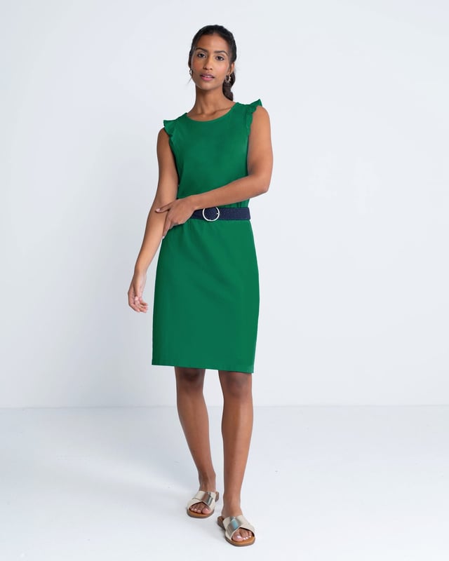 This sleeveless top features a neat neckline and charming frill shoulder detail, perfect for your holiday wardrobe. The regular fit ensures comfort, while the elegant design adds a touch of femininity.