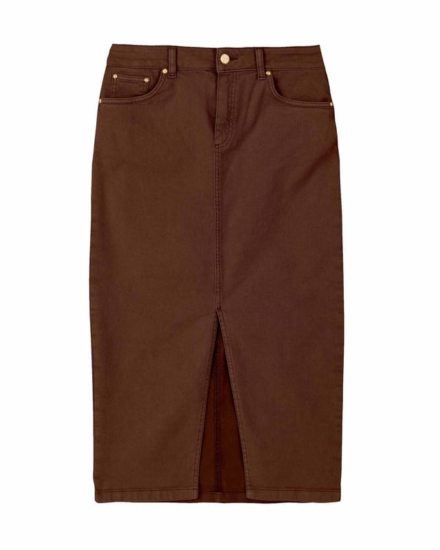 Classic denim with a colourful twist! A stylishmid-length skirt in an ultra-comfortable cotton mix denim, with a touch of elastane for the perfect balance of structure, stretch and style.