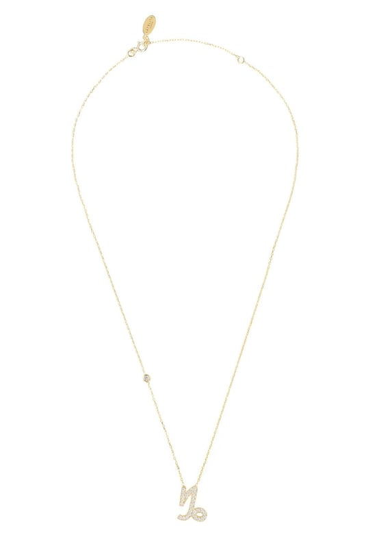 Made of 925 sterling silver, dipped in 22ct gold. This necklace is hand set with multifaceted white zircons.Capricorns celebrate birthdays December 22 - January 19Finished with a lobster clasp, and size adjusterDimensions: Necklace can be worn 40cm chain length or 45cm chain length using adjuster. Motif 1.5cm x 1cmPackaging:This item is presented in a Latelita London signature packagingCare Instructions:To maintain your jewellery, wipe gently with a damp cloth that is soft and clean. Do not soak in water. Avoid contact with soaps, detergents, perfume or hair spray
