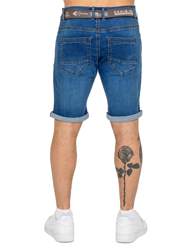 Enzo | Mens Slim Fit Belted Denim Shorts The Enzo Men's Belted Denim Stretch Shorts offer the perfect blend of style and comfort. Designed with a slim fit and crafted from stretch fabric, they provide flexibility and a sleek look. Featuring a classic 5-pocket design, a zip fly fastening, and a turn-up hem for a modern touch, these shorts are a must-have for any casual wardrobe. Ideal for warm-weather styling, they deliver both practicality and effortless fashion.