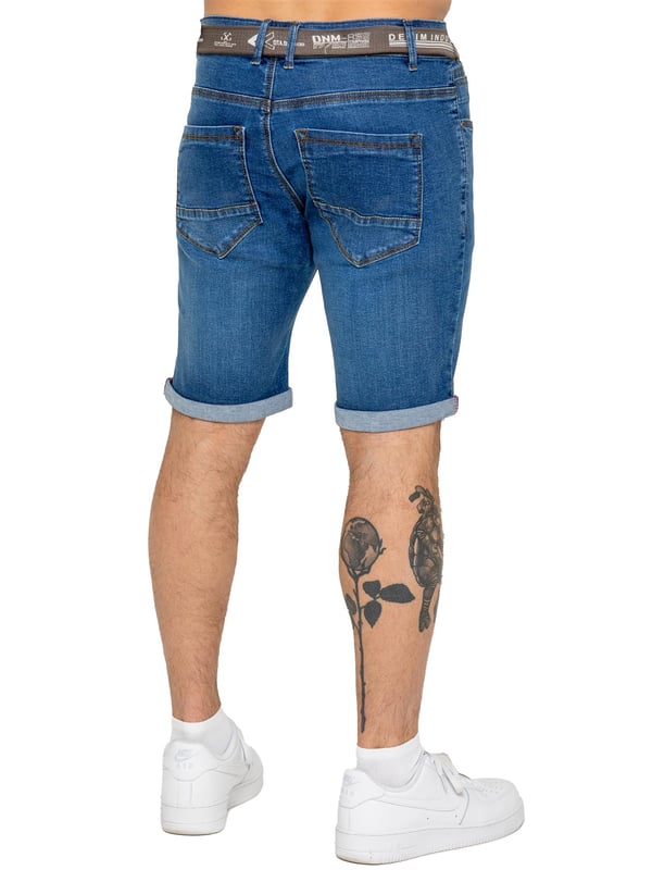 Enzo | Mens Slim Fit Belted Denim Shorts The Enzo Men's Belted Denim Stretch Shorts offer the perfect blend of style and comfort. Designed with a slim fit and crafted from stretch fabric, they provide flexibility and a sleek look. Featuring a classic 5-pocket design, a zip fly fastening, and a turn-up hem for a modern touch, these shorts are a must-have for any casual wardrobe. Ideal for warm-weather styling, they deliver both practicality and effortless fashion.