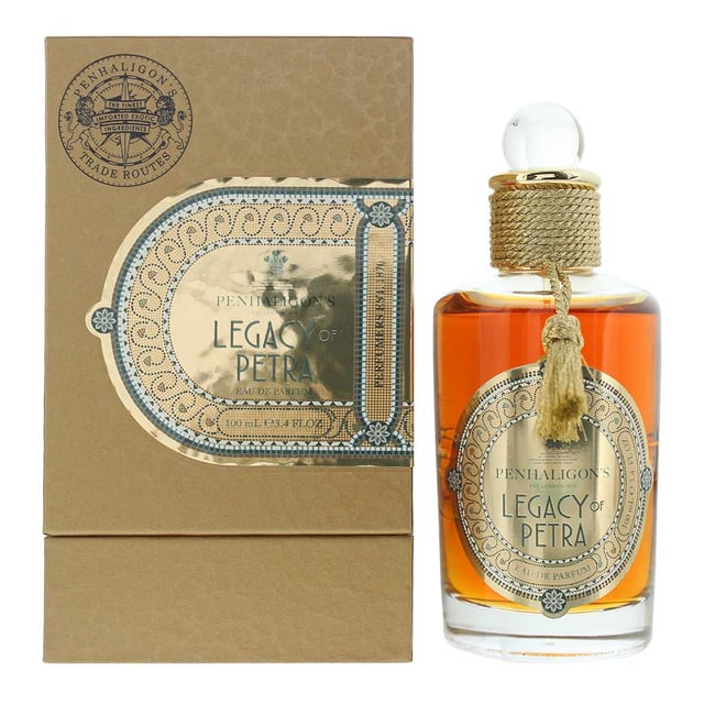 Legacy Of Petra, launched in 2022, is a Spicy Sweet fragrance for both men and women made by Penhaligon's. Perfect for Spring, Winter and Fall, this fragrance is mostly worn at any time of the day. Created by Natalie Gracia-Cetto, this fragrance contains top notes of Bergamot, Fennel Seed and Green Tea. Middle notes of this fragrance are Cistus, Liquorice and Myrrh with base notes of Benzoin, Belambre, Myrrh and Vanilla. This fragrance is part of the Trade routes collection. Penhaligon's Legacy of Petra Eau de Parfum is a mystical and exotic fragrance inspired by the ancient city of Petra, blending warm spices, rich resins, and sensual woods. Perfect for those who love mysterious and opulent scents, Legacy of Petra is ideal for evening wear and cooler seasons, exuding a sense of adventure, sophistication, and timeless allure.