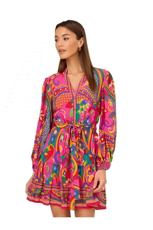 Printed Short Dress Bring a vintage vibe to your plans when you step into this long sleeve dress. This dress features a mandarin collar, v-neckline, and button up front. Crafted from woven rayon covered in all over retro abstract print, this dress boasts bishop sleeves, a soft skirt, and a self-tie waist. Dress up this short dress with knee-high boots for a look that will work in any season or rock it during the warmer months with rattan accessories. With this retro mini dress in your closet, the options are endless.