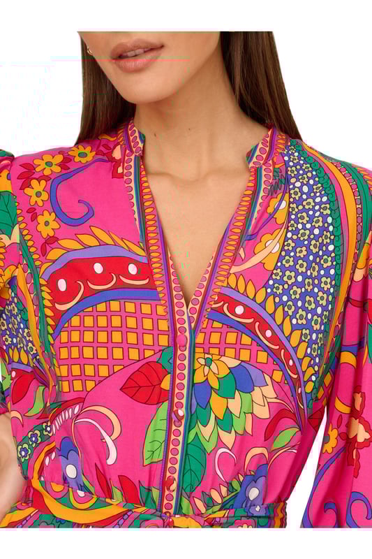 Printed Short Dress Bring a vintage vibe to your plans when you step into this long sleeve dress. This dress features a mandarin collar, v-neckline, and button up front. Crafted from woven rayon covered in all over retro abstract print, this dress boasts bishop sleeves, a soft skirt, and a self-tie waist. Dress up this short dress with knee-high boots for a look that will work in any season or rock it during the warmer months with rattan accessories. With this retro mini dress in your closet, the options are endless.