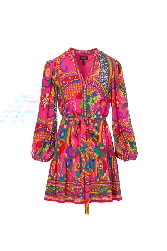Printed Short Dress Bring a vintage vibe to your plans when you step into this long sleeve dress. This dress features a mandarin collar, v-neckline, and button up front. Crafted from woven rayon covered in all over retro abstract print, this dress boasts bishop sleeves, a soft skirt, and a self-tie waist. Dress up this short dress with knee-high boots for a look that will work in any season or rock it during the warmer months with rattan accessories. With this retro mini dress in your closet, the options are endless.
