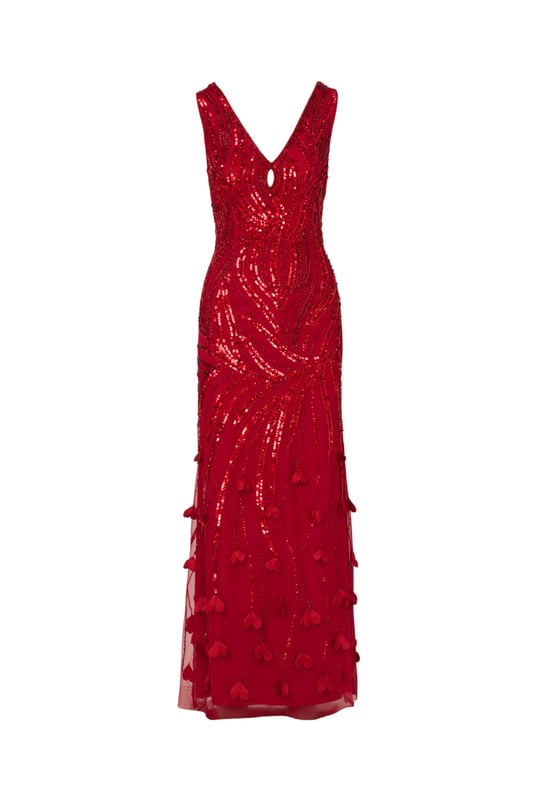 3D flower appliques trail down the skirt of this gorgeous sleeveless maxi dress for a moment of whimsical romance. The floral embellishments finish a bead and sequin design that sparkles and shimmers from the keyhole V-neckline down past the hips. The final effect of the intricate beading is to emphasize the stunning mermaid silhouette of this gown. A back zipper closure ensures the perfect fit. Wear this sumptuous gown to make a grand entrance at your next event.