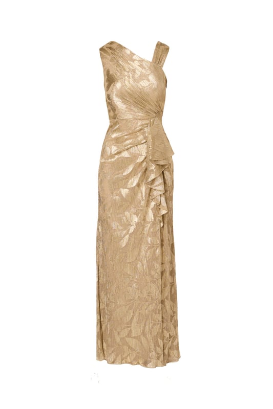 Foil Asymmetric Gown Take your style to the next level with this edgy foiled dress. This formal dress features an asymmetrical neckline, draped details through the body, and ruffle trim at the waist. Crafted from foiled and printed novelty fabric, this sleeveless dress is an eye-catching look with some stretch. A slit at the side of the mermaid skirt and a side zipper closure completes this evening gown. Paired with nude heels and a simple clutch, this printed gown is a charming look.