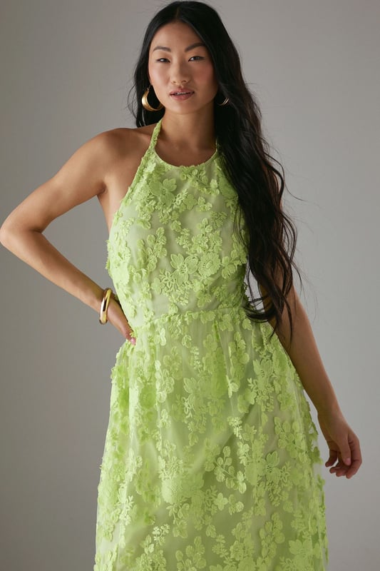 Stunning 3D floral embroidery creates a textured, dimensional effect across the entire dress
        Elegant halterneck design with tie fastening at the nape for a secure fit
        Dramatic open back detail adds a sultry touch to this feminine silhouette
        Midi length offers a flattering profile that works beautifully for special occasions
        Fully lined for comfort and a smooth drape against the skin
    
    Make a statement at your next special event with this exquisitely detailed halterneck midi dress from Warehouse. The showstopping 3D embroidered design creates beautiful texture and dimension that catches the light as you move. The halterneck silhouette frames the dcolletage perfectly, whilst the open back adds a touch of drama and sophistication. Style with strappy heeled sandals as seen on our model, and add statement earrings to complement the dress's intricate detailing. Perfect for summer weddings, garden parties or race day events, this dress can be dressed up with a tailored blazer for more formal occasions or worn as is to showcase the beautiful back detail. The petite cut ensures the proportions are perfectly balanced for a smaller frame.