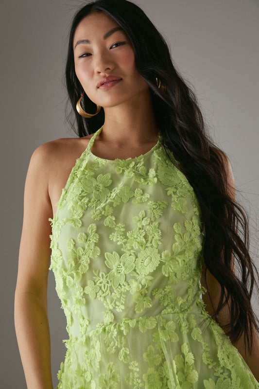 Stunning 3D floral embroidery creates a textured, dimensional effect across the entire dress
        Elegant halterneck design with tie fastening at the nape for a secure fit
        Dramatic open back detail adds a sultry touch to this feminine silhouette
        Midi length offers a flattering profile that works beautifully for special occasions
        Fully lined for comfort and a smooth drape against the skin
    
    Make a statement at your next special event with this exquisitely detailed halterneck midi dress from Warehouse. The showstopping 3D embroidered design creates beautiful texture and dimension that catches the light as you move. The halterneck silhouette frames the dcolletage perfectly, whilst the open back adds a touch of drama and sophistication. Style with strappy heeled sandals as seen on our model, and add statement earrings to complement the dress's intricate detailing. Perfect for summer weddings, garden parties or race day events, this dress can be dressed up with a tailored blazer for more formal occasions or worn as is to showcase the beautiful back detail. The petite cut ensures the proportions are perfectly balanced for a smaller frame.