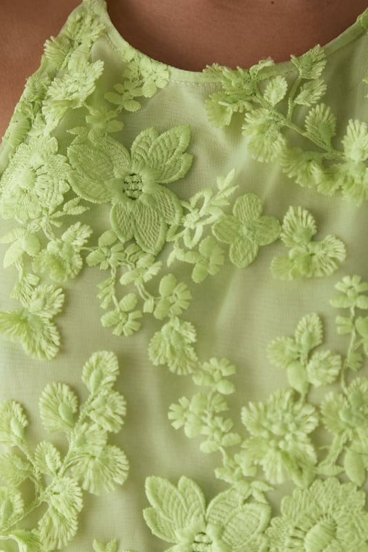 Stunning 3D floral embroidery creates a textured, dimensional effect across the entire dress
        Elegant halterneck design with tie fastening at the nape for a secure fit
        Dramatic open back detail adds a sultry touch to this feminine silhouette
        Midi length offers a flattering profile that works beautifully for special occasions
        Fully lined for comfort and a smooth drape against the skin
    
    Make a statement at your next special event with this exquisitely detailed halterneck midi dress from Warehouse. The showstopping 3D embroidered design creates beautiful texture and dimension that catches the light as you move. The halterneck silhouette frames the dcolletage perfectly, whilst the open back adds a touch of drama and sophistication. Style with strappy heeled sandals as seen on our model, and add statement earrings to complement the dress's intricate detailing. Perfect for summer weddings, garden parties or race day events, this dress can be dressed up with a tailored blazer for more formal occasions or worn as is to showcase the beautiful back detail. The petite cut ensures the proportions are perfectly balanced for a smaller frame.