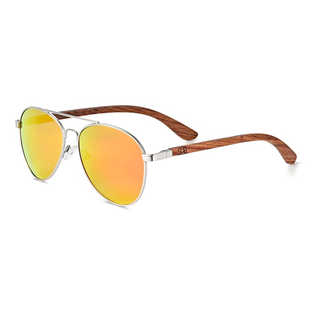 Earth Wood Sayulita Polarized Sunglasses - Redwood/Blue-Green Frame: Silver Metal ; Arm: Red Wood; Earpiece: Red Wood; Lens: Orange-Yellow Multi-Layer Triacetate Cellulose (TAC); Mirrored Lens: No; Gradient Lens: No; Polarization: Optical Quality; UV Protection: 100% UVA/UVB; Hinge: Spring Loaded Stainless Steel; Adjustable Nosepads: Yes; Lens Width: 60mm; Temple Length: 148mm; Bridge Width: 20mm.