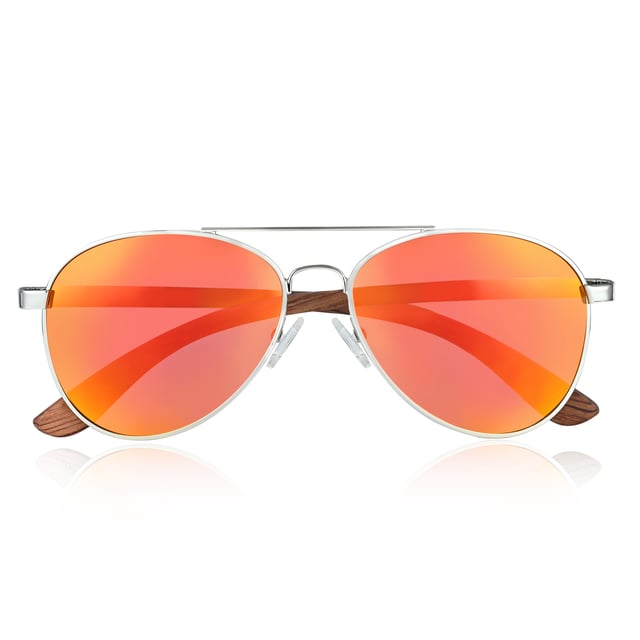 Earth Wood Sayulita Polarized Sunglasses - Redwood/Blue-Green Frame: Silver Metal ; Arm: Red Wood; Earpiece: Red Wood; Lens: Orange-Yellow Multi-Layer Triacetate Cellulose (TAC); Mirrored Lens: No; Gradient Lens: No; Polarization: Optical Quality; UV Protection: 100% UVA/UVB; Hinge: Spring Loaded Stainless Steel; Adjustable Nosepads: Yes; Lens Width: 60mm; Temple Length: 148mm; Bridge Width: 20mm.