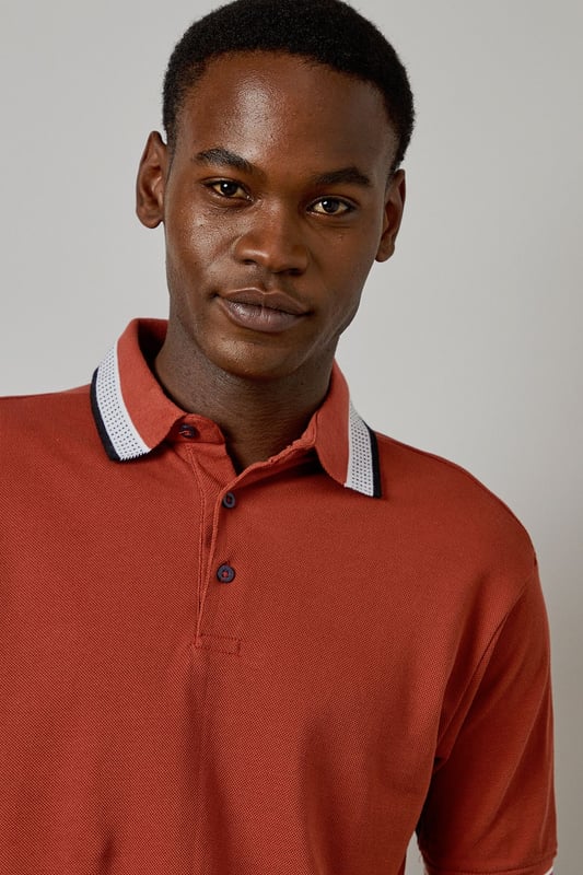 Distinctive jacquard collar with contrasting stripe detail
        Classic button placket with durable buttons for longevity
        Soft cotton fabric for all-day comfort
        Ribbed sleeve cuffs with matching trim for a refined finish
        Regular fit silhouette offering ease of movement
    
    This Burton polo shirt combines timeless style with contemporary detailing, making it a versatile addition to your casual wardrobe. The standout jacquard collar adds character to an otherwise classic design, while the cotton construction ensures breathability and comfort throughout the day. Style it as shown with neutral chinos and white trainers for an effortlessly smart-casual look perfect for weekend pub gatherings or family barbecues. For cooler evenings, layer under a lightweight bomber jacket or casual blazer. The versatile design transitions seamlessly from daytime outings to relaxed evening socials, offering the reliability and understated style that Burton is known for. Machine washable at 30 degrees, this polo maintains its shape and colour with proper care.