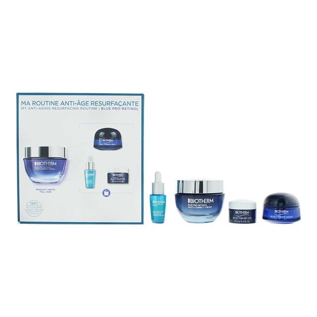 This luxurious skincare set is designed to combat visible signs of aging, including wrinkles, dark spots, and loss of firmness. Infused with Pro-Retinol and Life Plankton, the set offers a comprehensive anti-aging regimen suitable for all skin types. 

This set is ideal for those seeking to address multiple signs of aging with a comprehensive skincare routine.

It's suitable for all skin types and can be incorporated into both morning and evening skincare regimens

Set Includes:  

Blue Pro-Retinol Multi-Correct Cream (50ml) - A day cream formulated with Pro-Retinol and marine algae extracts to target wrinkles and improve skin texture, leaving the skin looking smoother and more radiant.  

Life Plankton Elixir (7ml) - A restorative facial elixir that combines Life Plankton probiotic extracts with Vitamin Cg to repair and recharge the skin, revealing luminous and healthy-looking skin. 

Blue Pro-Retinol Eye Cream (5ml) - An eye cream enriched with Pro-Retinol, peptides, caffeine, and Life Plankton probiotic extracts to hydrate, reduce puffiness, and smooth fine lines around the delicate eye area.  

Blue Therapy Night Cream (15ml) - A night cream that works overnight to reduce wrinkles, dark spots, and improve skin firmness, allowing the skin to regenerate and repair itself while you sleep. 

How to Use:

Life Plankton Elixir (7ml): Apply 3–4 drops to cleansed face and neck every morning and night, after essence and before moisturising.  

Blue Pro-Retinol Multi-Correct Cream (50ml): Apply every day and night after the elixir. Pair with Blue Retinol Serum for amplified efficacy.  

Blue Pro-Retinol Eye Cream (5ml): Using both ring fingers, take a rice grain-sized amount and apply to the 8 indicated zones of the eye contour. Gently dab below and above the eye contour, moving from the inner corner toward the temples to depuff and stimulate blood flow.  

Blue Therapy Night Cream (15ml): Apply every evening on a cleansed face and neck. Using both hands, smooth over the face in an outward pattern starting from the center. Finish by applying to the neck. Avoid the eye contour.