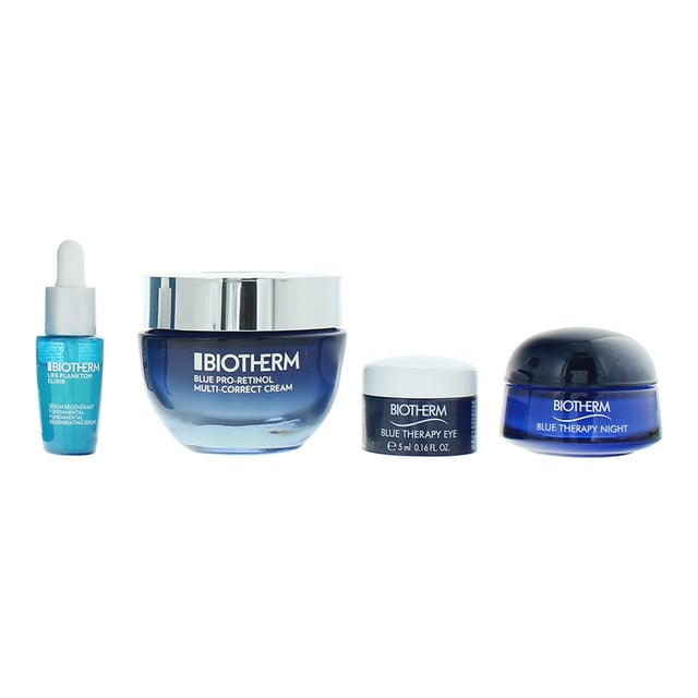 This luxurious skincare set is designed to combat visible signs of aging, including wrinkles, dark spots, and loss of firmness. Infused with Pro-Retinol and Life Plankton, the set offers a comprehensive anti-aging regimen suitable for all skin types. 

This set is ideal for those seeking to address multiple signs of aging with a comprehensive skincare routine.

It's suitable for all skin types and can be incorporated into both morning and evening skincare regimens

Set Includes:  

Blue Pro-Retinol Multi-Correct Cream (50ml) - A day cream formulated with Pro-Retinol and marine algae extracts to target wrinkles and improve skin texture, leaving the skin looking smoother and more radiant.  

Life Plankton Elixir (7ml) - A restorative facial elixir that combines Life Plankton probiotic extracts with Vitamin Cg to repair and recharge the skin, revealing luminous and healthy-looking skin. 

Blue Pro-Retinol Eye Cream (5ml) - An eye cream enriched with Pro-Retinol, peptides, caffeine, and Life Plankton probiotic extracts to hydrate, reduce puffiness, and smooth fine lines around the delicate eye area.  

Blue Therapy Night Cream (15ml) - A night cream that works overnight to reduce wrinkles, dark spots, and improve skin firmness, allowing the skin to regenerate and repair itself while you sleep. 

How to Use:

Life Plankton Elixir (7ml): Apply 3–4 drops to cleansed face and neck every morning and night, after essence and before moisturising.  

Blue Pro-Retinol Multi-Correct Cream (50ml): Apply every day and night after the elixir. Pair with Blue Retinol Serum for amplified efficacy.  

Blue Pro-Retinol Eye Cream (5ml): Using both ring fingers, take a rice grain-sized amount and apply to the 8 indicated zones of the eye contour. Gently dab below and above the eye contour, moving from the inner corner toward the temples to depuff and stimulate blood flow.  

Blue Therapy Night Cream (15ml): Apply every evening on a cleansed face and neck. Using both hands, smooth over the face in an outward pattern starting from the center. Finish by applying to the neck. Avoid the eye contour.