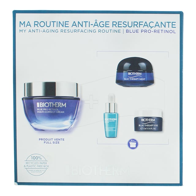 This luxurious skincare set is designed to combat visible signs of aging, including wrinkles, dark spots, and loss of firmness. Infused with Pro-Retinol and Life Plankton, the set offers a comprehensive anti-aging regimen suitable for all skin types. 

This set is ideal for those seeking to address multiple signs of aging with a comprehensive skincare routine.

It's suitable for all skin types and can be incorporated into both morning and evening skincare regimens

Set Includes:  

Blue Pro-Retinol Multi-Correct Cream (50ml) - A day cream formulated with Pro-Retinol and marine algae extracts to target wrinkles and improve skin texture, leaving the skin looking smoother and more radiant.  

Life Plankton Elixir (7ml) - A restorative facial elixir that combines Life Plankton probiotic extracts with Vitamin Cg to repair and recharge the skin, revealing luminous and healthy-looking skin. 

Blue Pro-Retinol Eye Cream (5ml) - An eye cream enriched with Pro-Retinol, peptides, caffeine, and Life Plankton probiotic extracts to hydrate, reduce puffiness, and smooth fine lines around the delicate eye area.  

Blue Therapy Night Cream (15ml) - A night cream that works overnight to reduce wrinkles, dark spots, and improve skin firmness, allowing the skin to regenerate and repair itself while you sleep. 

How to Use:

Life Plankton Elixir (7ml): Apply 3–4 drops to cleansed face and neck every morning and night, after essence and before moisturising.  

Blue Pro-Retinol Multi-Correct Cream (50ml): Apply every day and night after the elixir. Pair with Blue Retinol Serum for amplified efficacy.  

Blue Pro-Retinol Eye Cream (5ml): Using both ring fingers, take a rice grain-sized amount and apply to the 8 indicated zones of the eye contour. Gently dab below and above the eye contour, moving from the inner corner toward the temples to depuff and stimulate blood flow.  

Blue Therapy Night Cream (15ml): Apply every evening on a cleansed face and neck. Using both hands, smooth over the face in an outward pattern starting from the center. Finish by applying to the neck. Avoid the eye contour.