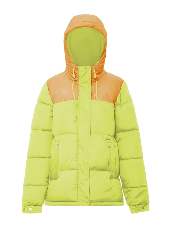 Mymo Gewatteerd gewatteerd jack Dames Zure limoen abrikoos Nu komt kleur in het spel. De gewatteerde pufferjassen van myMo ATHLSR zorgen met hun tweekleurige look voor een winterhighlight. Uitgerust met een capuchon, zijzakken met ritssluiting, verstelbare manchetten en een elastisch trekkoord in de zoom, kan het trendy ontwerp je op een ontspannen manier beschermen tegen lage temperaturen. Het synthetische vulmateriaal isoleert – ook zonder toevoeging van dierlijke producten. Jas