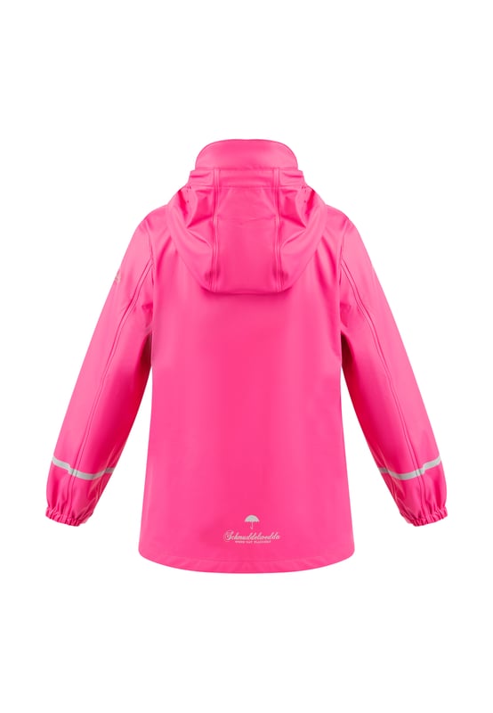 Schmuddelwedda Regenjas Meisje ROZE-280 Buiten spelen en rennen, ook als het regent? In elk geval! Want met de regenjas van Schmuddelwedda zijn de kids goed beschermd. Het hoogwaardige buitenmateriaal is dankzij de coating volledig waterdicht en de naden zijn geseald zodat er geen vocht doordringt. Een zachte jersey gemêleerde voering eronder zorgt voor veel comfort. De lichtreflecterende strepen op de mouwen en de capuchon bieden bescherming en veiligheid, terwijl de logoprints en drukknopen in bloemenlook vooral populair zijn bij meisjes. Regenjas