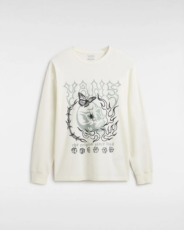 Add bold style to your everyday wardrobe with the Vans Lucky Streak Long Sleeve T-Shirt. Made from 100% soft cotton, this classic-fit tee features a crew neckline and eye-catching skeleton-inspired Vans logo artwork on the front. Designed for both comfort and edge, it’s perfect for adding a touch of statement graphics to your casual look. Key Features: Soft and breathable 100% cotton fabric Classic fit with a crew neckline Graphic Vans logo with skeleton imagery on the chest Long sleeves for versatile styling Style Code: VN000G4YFS8 Whether layered or worn on its own, this tee delivers signature Vans attitude with everyday comfort.