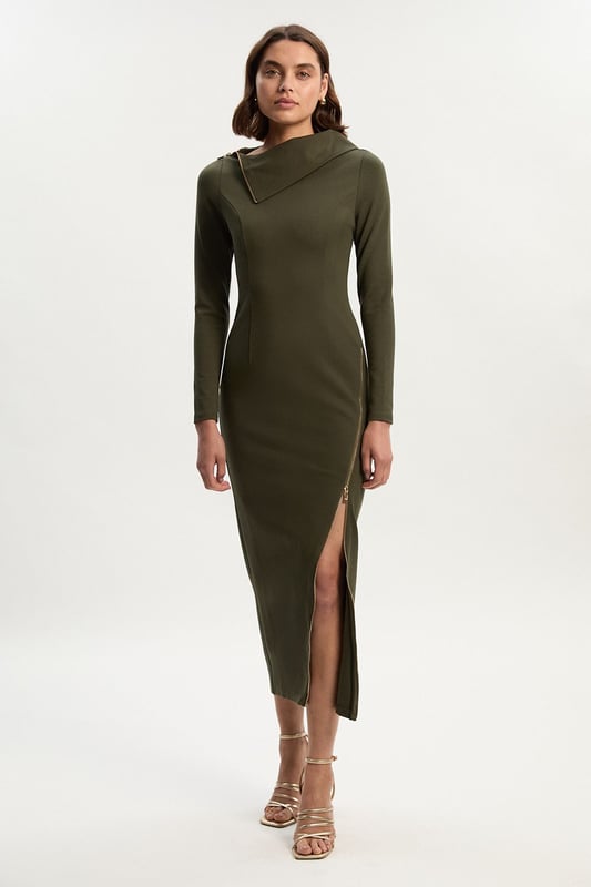 Ponte Envelope Neck Dress With Zip Split Detail Ponte Envelope Neck Dress With Zip Split Detail