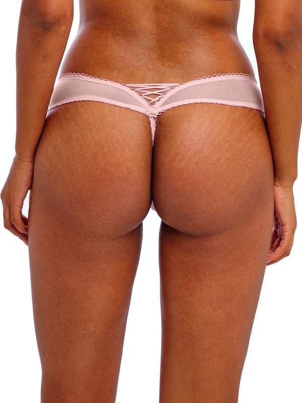 Freya Love Crush Thong. Mid rise sheer thong with printed floral embroidery, lace up back detail and picot elastics. Product is recommended gentle wash only.