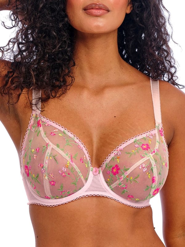 Freya Love Crush Plunge Bra. Sheer underwired non padded plunge bra with a low centre, printed all over floral embroidery, picot elastics and powernet wings for support and anchorage. Product is recommended hand-wash only.