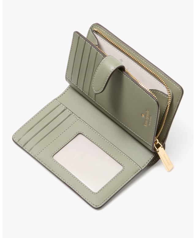 This Medium Wallet Holds All Your Credit Cards, Bills, Loose Change, I.D., Receipts, Tickets…And It Won't Take Up All The Space In Your Bag., Madison Saffiano Leather Medium Compact Bifold Wallet, Metal Pinmount Logo, 9 Cc Slots, Id Window, 2 Slip Pockets, 1 Bill Slot, L-Zip Coin Compartment,  Length: 3.00 Cm,  Width: 14.00 Cm,  Height: 9.00 Cm