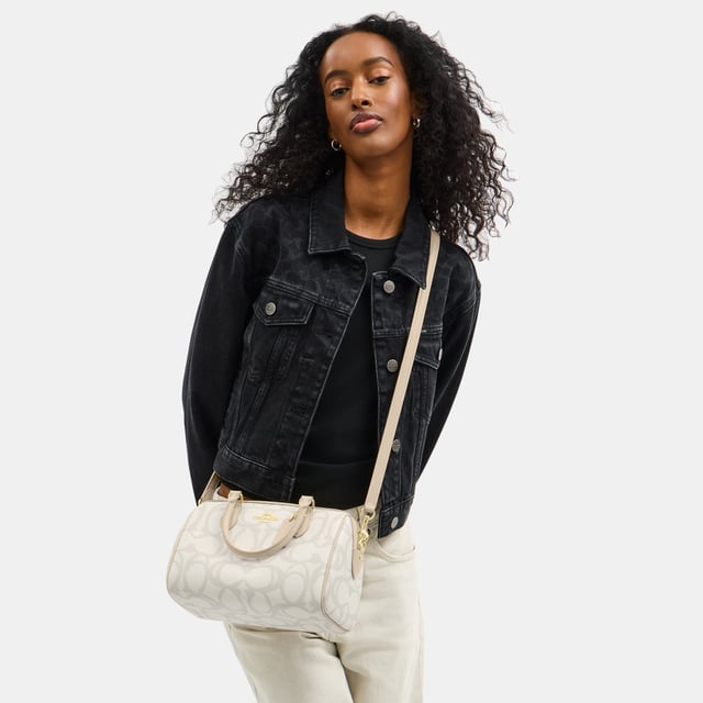 Rowan Satchel in Sketch Signature Canvas, Inside zip and multifunction pockets, Outside zip pocket,  Length: 25.50 cm,  Width: 14.00 cm,  Height: 17.00 cm