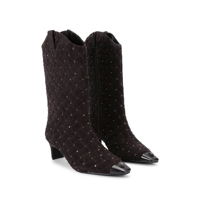 This Kurt Geiger Regent Ankle Boot features a dark brown upper with a black toe cap. There is a black eagle head with pink crystals on top of the toe all sat on a fashionable kitten block heel. Heel height: 5.5cm.