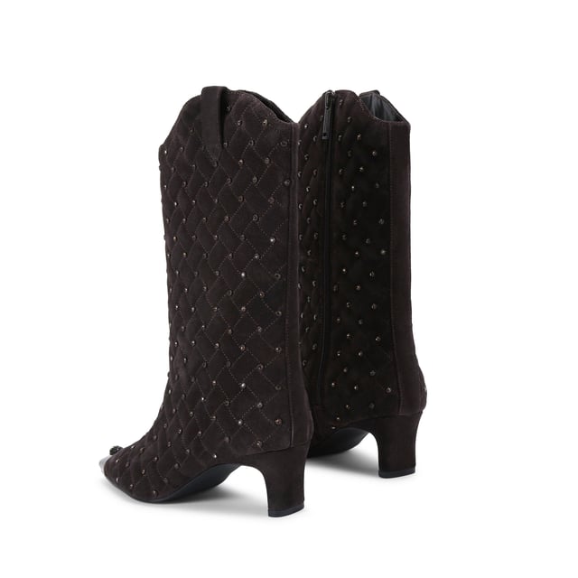 This Kurt Geiger Regent Ankle Boot features a dark brown upper with a black toe cap. There is a black eagle head with pink crystals on top of the toe all sat on a fashionable kitten block heel. Heel height: 5.5cm.