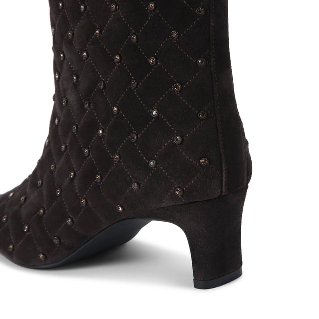 This Kurt Geiger Regent Ankle Boot features a dark brown upper with a black toe cap. There is a black eagle head with pink crystals on top of the toe all sat on a fashionable kitten block heel. Heel height: 5.5cm.
