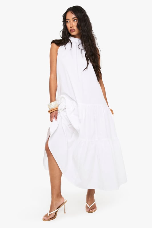 Cotton Poplin High Neck Tiered Smock Dress