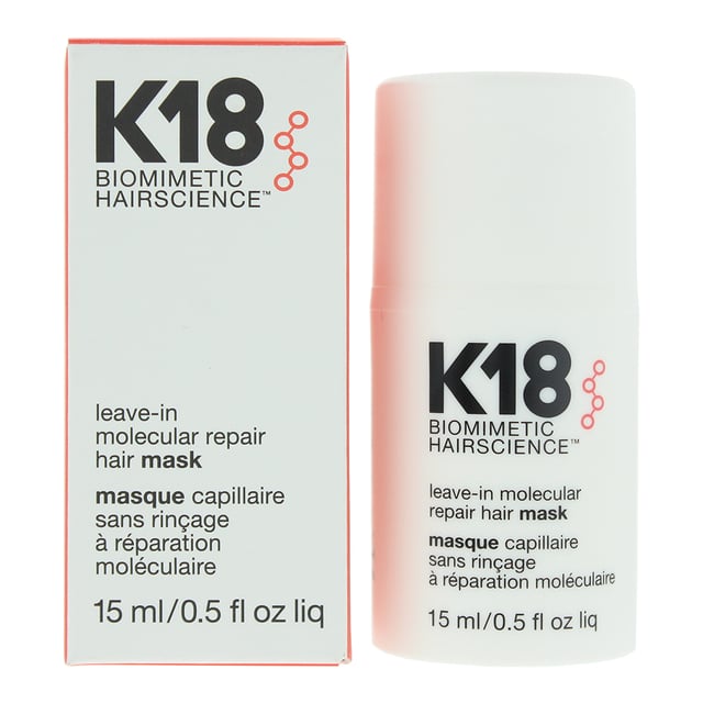 Leave-In Repair Hair Mask by K18 is a highly effective, restorative treatment designed to repair damaged hair from deep within. 

Powered by K18’s patented bioactive peptide technology, this lightweight leave-in mask works to rebuild keratin chains, renewing strength, softness, and elasticity in just 4 minutes.  

Ideal for all hair types, including colour-treated and chemically processed hair, this mask helps reverse damage caused by heat, bleach, color, and styling. Hair feels noticeably healthier, stronger, and smoother with each use—without weighing it down.  

How to Apply: 

Shampoo your hair (do not use conditioner). 

Towel-dry hair thoroughly. 

Apply 1–3 pumps of the mask evenly from mid-lengths to ends, depending on hair length and thickness. Let sit for 4 minutes to activate. 

Do not rinse out. 

Style as usual. 

Use for the first 4–6 washes, then as needed to maintain hair strength and resilience.