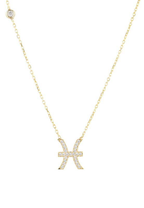 Design:Made of 925 sterling silver, dipped in 22ct gold. This necklace is hand set with multifaceted white zircons.Pisces celebrate birthdays February 19 - March 20Finished with a lobster clasp, and size adjusterDimensions: Necklace can be worn 40cm chain length or 45cm chain length using adjuster. Motif 1.5cm x 1cmPackaging:This item is presented in a Latelita London signature packagingCare Instructions:To maintain your jewellery, wipe gently with a damp cloth that is soft and clean. Do not soak in water. Avoid contact with soaps, detergents, perfume or hair spray.