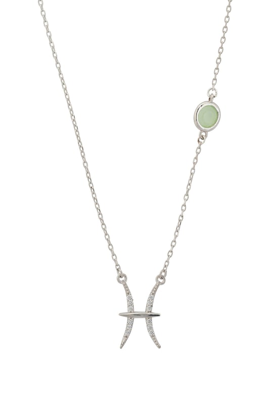 Zodiac Birthstone Pisces Necklace Aqua Chalcedony Silver Dive into the depths of Pisces mystical realm with the Zodiac Pisces Birthstone Necklace Aqua Chalcedony Silver. Pisceans celebrate their birthday Feb 19- Mar 20.This zodiac necklace features the fishes' constellation set with sparkling cubic zirconia highlights, complemented by a serene lab-created Aqua Chalcedony set along the 40-45cm chain.Crafted in 925 sterling silver, this piece embodies the fish's intuitive and compassionate spirit, with Aqua Chalcedony bringing calm and reflection, perfect for navigating the emotional waters of the horoscope.