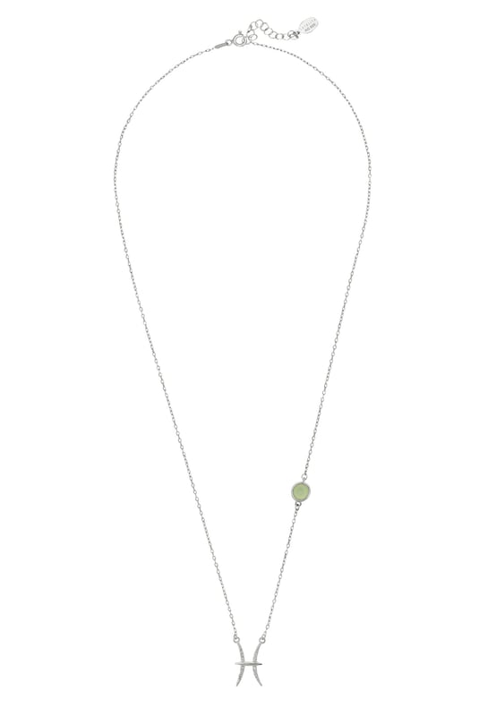 Zodiac Birthstone Pisces Necklace Aqua Chalcedony Silver Dive into the depths of Pisces mystical realm with the Zodiac Pisces Birthstone Necklace Aqua Chalcedony Silver. Pisceans celebrate their birthday Feb 19- Mar 20.This zodiac necklace features the fishes' constellation set with sparkling cubic zirconia highlights, complemented by a serene lab-created Aqua Chalcedony set along the 40-45cm chain.Crafted in 925 sterling silver, this piece embodies the fish's intuitive and compassionate spirit, with Aqua Chalcedony bringing calm and reflection, perfect for navigating the emotional waters of the horoscope.