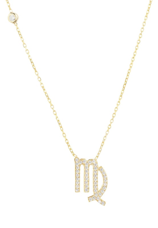 Zodiac Star Sign Pendant Necklace Gold Virgo Made of 925 sterling silver, dipped in 22ct gold. This necklace is hand set with multifaceted white zircons.Virgos celebrate birthdays August 23 - September 22Finished with a lobster clasp, and size adjuster.Dimensions: Necklace can be worn 40cm chain length or 45cm chain length using adjuster. Motif 1.5cm x 1cmPackaging:This item is presented in a Latelita London signature packagingCare Instructions:To maintain your jewellery, wipe gently with a damp cloth that is soft and clean. Do not soak in water. Avoid contact with soaps, detergents, perfume or hair spray.