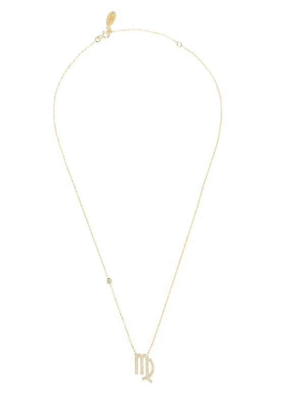 Zodiac Star Sign Pendant Necklace Gold Virgo Made of 925 sterling silver, dipped in 22ct gold. This necklace is hand set with multifaceted white zircons.Virgos celebrate birthdays August 23 - September 22Finished with a lobster clasp, and size adjuster.Dimensions: Necklace can be worn 40cm chain length or 45cm chain length using adjuster. Motif 1.5cm x 1cmPackaging:This item is presented in a Latelita London signature packagingCare Instructions:To maintain your jewellery, wipe gently with a damp cloth that is soft and clean. Do not soak in water. Avoid contact with soaps, detergents, perfume or hair spray.