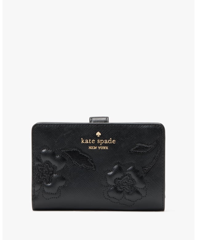 Madison Floral Applique Medium Bifold Wallet, Madison Forest Blooms Applique Medium Compact Bifold Wallet, 9 Cc Slots, Id Window, 2 Slip Pockets, 1 Bill Slot, L-Zip Coin Compartment,  Length: 14.00 Cm,  Width: 3.00 Cm,  Height: 9.00 Cm
