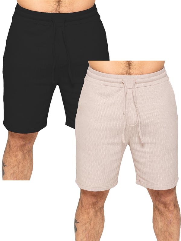 Enzo | 2 Pack Mens Textured Summer Shorts - BLK/CLAY Experience ultimate comfort and style with our textured shorts. The elasticated waistband allows for a perfect fit with an adjustable drawstring. Convenient side pockets add functionality. Made with premium fabric for a luxurious feel. Pack of 2. (13)