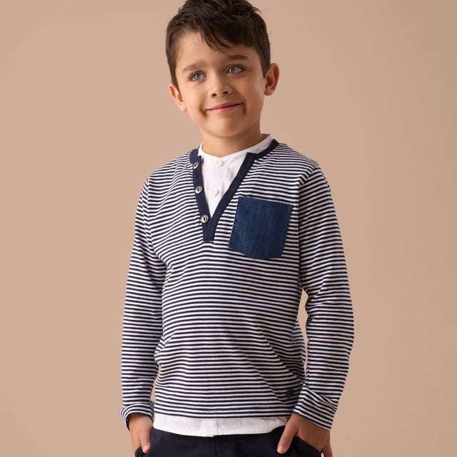 It's all about layering and with our henley shirt we layer up for you. This handsome stripe tee with contrast chest pocket and mock shirt detail is the perfect transitional top.