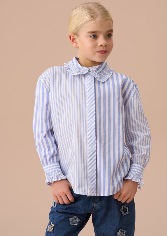Classic. smart and casual - this cotton shirt can really do it all! Featuring mix and match stripes with a pretty frill collar detail. we've re-mixed the stripe shirt A&R style!.