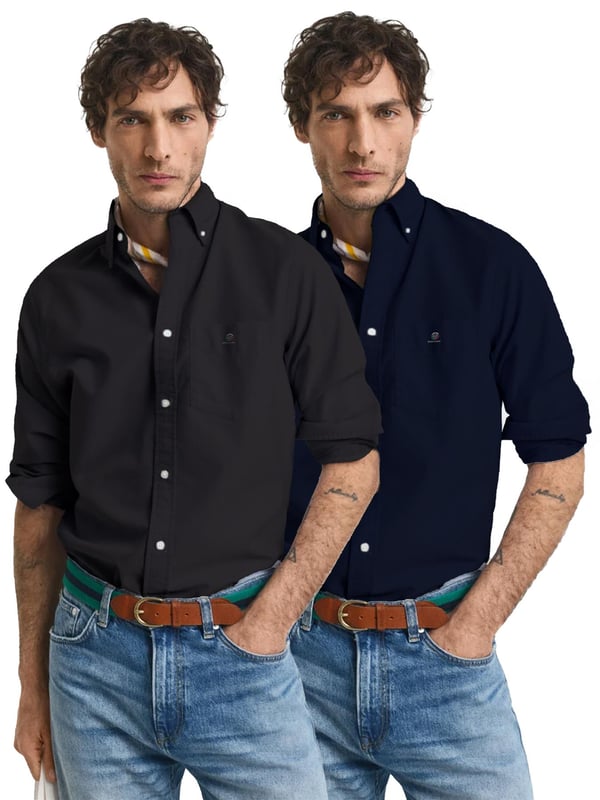 Enzo | 2 Pack Mens Regular Fit Oxford Shirt - Black & Navy Introducing Enzo Milano Men's Shirts: the epitome of luxury. Impeccably crafted with lightweight, breathable cotton, these Regular Fit shirts feature a sophisticated Button-Down Collar and Long Sleeves for a timeless look. Each shirt is adorned with the Enzo Milano Logo, embroidered on the chest for a touch of exclusivity