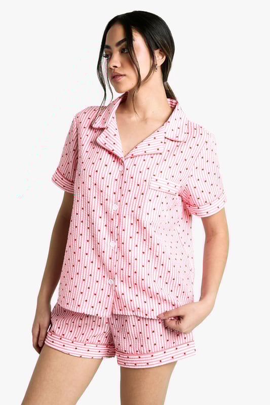Heart Stripe Shirt & Short Pyjama Set Take nights in up a notch with our silky soft sleepwearYou'll be saying no to nights out when you see our snuggle-worthy sleepwear and luxe loungewear. Cosy up in a co-ordinating pyjama set, drift off in a night dress or go for slumber party success in a statement onesie. Catch your beauty sleep in the best basics from boohoo.