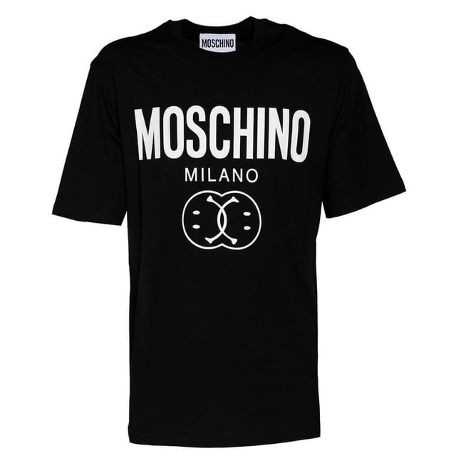 The Moschino Milano Double Smiley Black T-Shirt combines bold style with everyday comfort. Crafted from soft, high-quality fabric, this tee features the iconic double smiley graphic that adds a playful yet edgy touch to your wardrobe. Perfect for casual outings or making a statement, its sleek black color pairs effortlessly with any outfit. Elevate your look with a piece that reflects both contemporary fashion and Moschino's signature creativity. This t-shirt is a must-have for those who want to stand out while enjoying all-day comfort., Made in Portugal, 100% Cotton