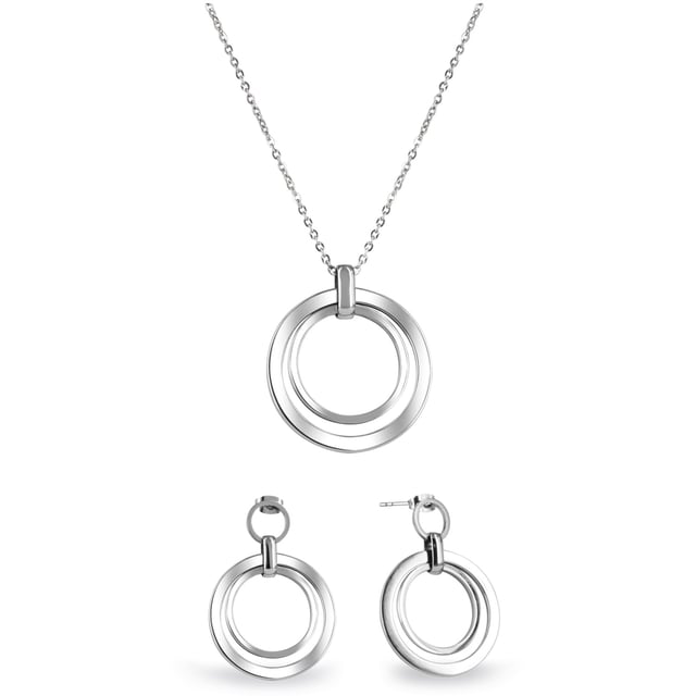 Sun Fun Set by Devota & Lomba: modern minimalism with timeless shine.\n This choker and earring set is the ideal choice for those who appreciate geometric design and polished elegance. Its clean, circular shapes project a sophisticated and modern aesthetic, perfect for making a stylish statement both day and night.\n\n Details:\n - Choker with a double polished steel ring pendant, suspended from a fine chain.\n - Matching earrings with the same interlocking circles motif.\n - Pressure closure on the earrings, comfortable and secure for long-term use.\n - High quality stainless steel with a shiny polished finish.\n - Rhodium plating for greater durability and wear resistance.\n - Hypoallergenic and nickel free.\n\n The Sun Fun set blends simplicity and elegance with a versatile design that adapts to any occasion. Its mirror finish and clean lines make it a must-have for any contemporary jewelry box, ideal for gifting or elevating your everyday looks with a touch of sophistication.\n Measures: Chain length: 45 cm. Pendant diameter: 3 cm. Earring diameter: 2.5 cm.\n Composition: Polished steel, rhodium plating\n Care:\nAvoid contact with water, perfumes or chemicals.