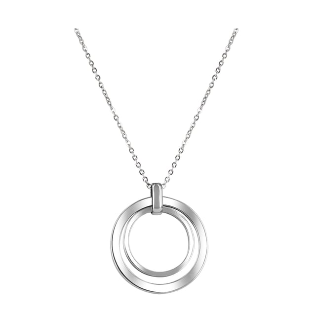 Sun Fun Set by Devota & Lomba: modern minimalism with timeless shine.\n This choker and earring set is the ideal choice for those who appreciate geometric design and polished elegance. Its clean, circular shapes project a sophisticated and modern aesthetic, perfect for making a stylish statement both day and night.\n\n Details:\n - Choker with a double polished steel ring pendant, suspended from a fine chain.\n - Matching earrings with the same interlocking circles motif.\n - Pressure closure on the earrings, comfortable and secure for long-term use.\n - High quality stainless steel with a shiny polished finish.\n - Rhodium plating for greater durability and wear resistance.\n - Hypoallergenic and nickel free.\n\n The Sun Fun set blends simplicity and elegance with a versatile design that adapts to any occasion. Its mirror finish and clean lines make it a must-have for any contemporary jewelry box, ideal for gifting or elevating your everyday looks with a touch of sophistication.\n Measures: Chain length: 45 cm. Pendant diameter: 3 cm. Earring diameter: 2.5 cm.\n Composition: Polished steel, rhodium plating\n Care:\nAvoid contact with water, perfumes or chemicals.