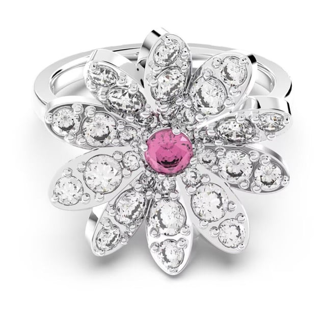 Este anillo Swarovski Eternal Flower 5642894 flor rosa está orientado para mujer. Cuenta con una llamativa piedra rosa en el centro, está adornado con brillantes piedras transparentes y acabado con una mezcla de baños metálicos. Disfruta de tu anillo Swarovski.\n Composición: Cristal de Swarovski\n Cuidados:\nEvite el contacto con cremas, perfumes y detergentes que puedan dañar el producto. Para mantener el brillo, le recomendamos limpiarlo solo con un paño suave.