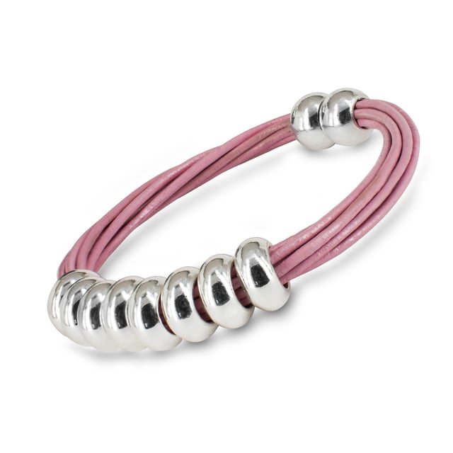 Sun Fun Bracelet – Modern contrast between natural texture and metallic shine.\n\n The Sun Fun bracelet combines the softness of leather with the shine of rhodium-plated metal for a casual, feminine, and versatile look. A casual piece of jewelry with a contemporary style, perfect for everyday wear.\n\n Details:\n\n - Made with strips of dyed natural leather, durable and soft to the touch.\n - Decorative rhodium-plated metal hoops with a shiny finish and minimalist design.\n - Multi-thread design that provides visual volume and a modern touch.\n - Integrated magnetic closure, practical and secure, easy to fit.\n\n A fresh and youthful women's bracelet that combines noble materials with an urban-chic aesthetic. Ideal worn alone or layered with other bracelets, elevating any look with a subtle touch.\n Measures: Diameter: 70 mm\n Composition: Leather, Rhodium-plated metal\n Care:\nAvoid contact with water, perfumes or chemicals.